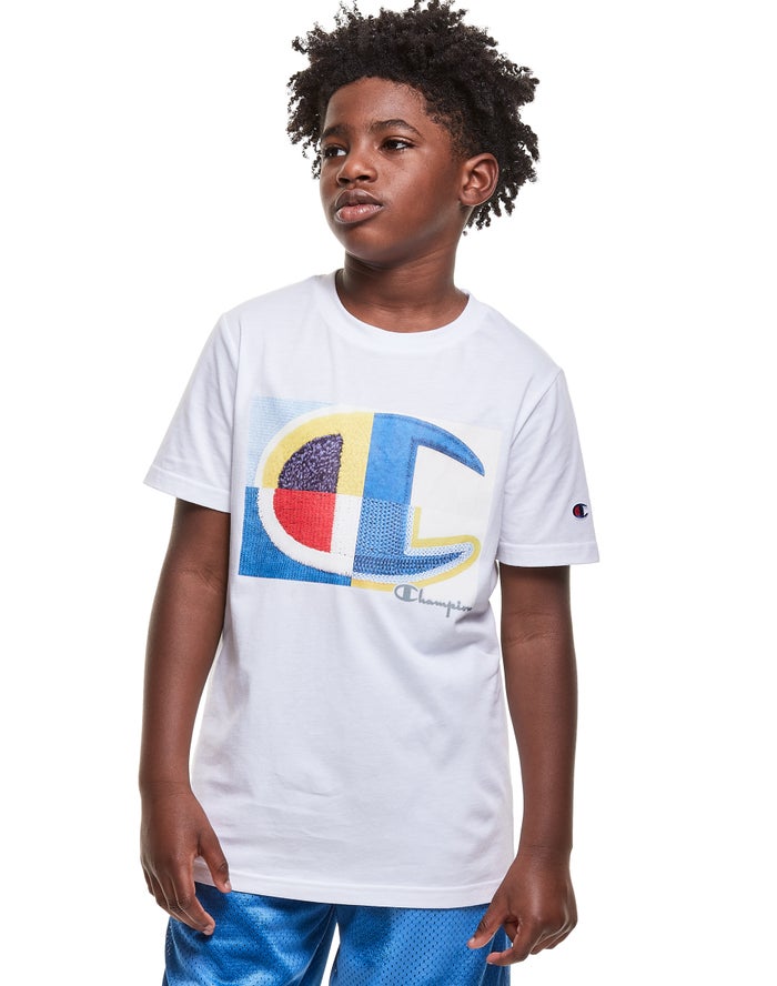 Champion Drenge T-Shirts Hvide - Cotton Photo-real C Patch - Danmark ULD-594671